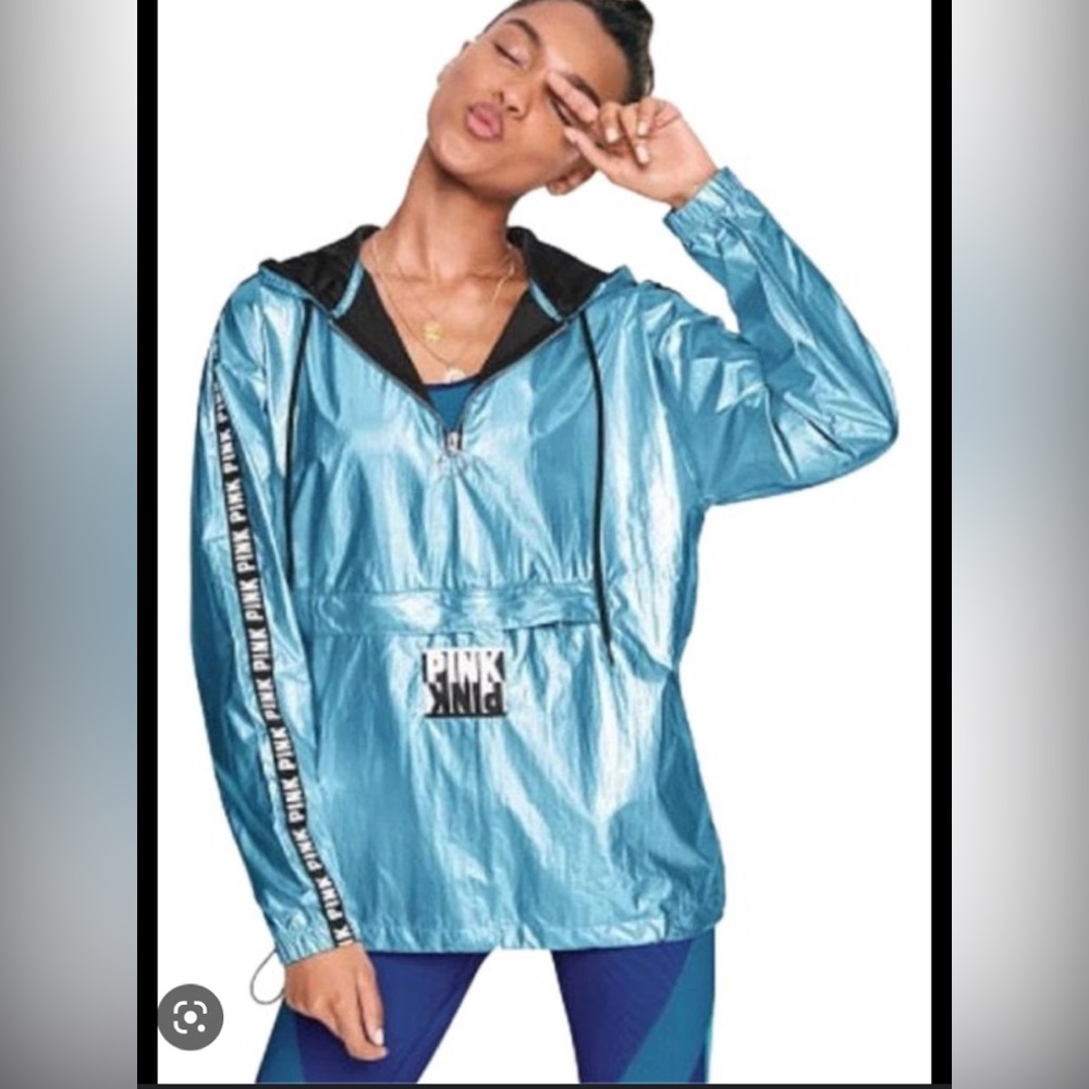 PINK Victoria’s Secret Foil Iridescent Pullover Jacket Light Blue XS/S N…